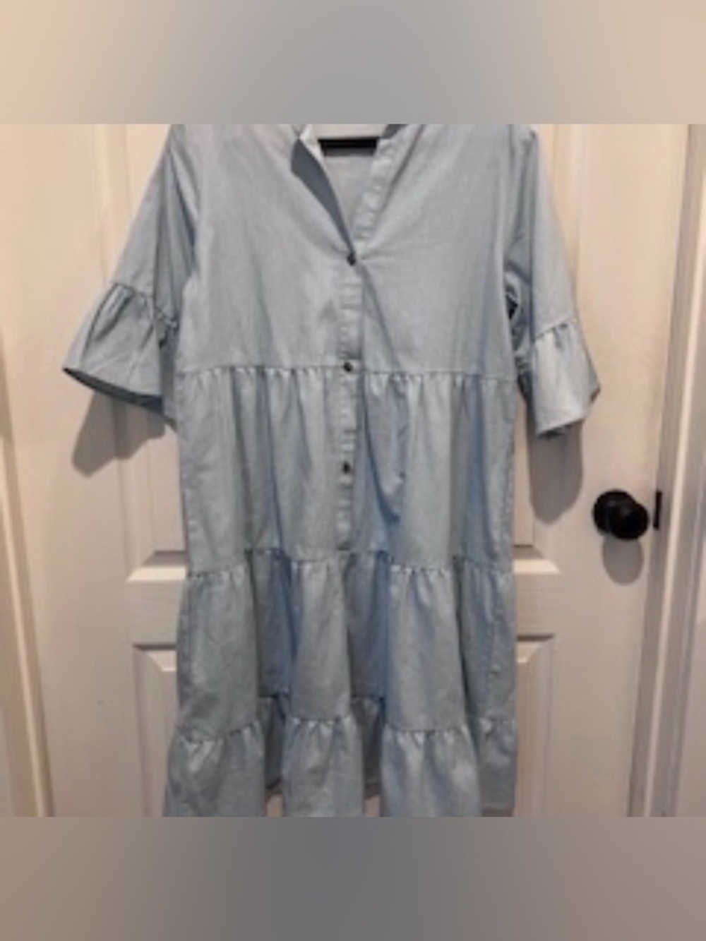 Women’s XL Light Blue Tiered Button Down Dress Bell Sleeves